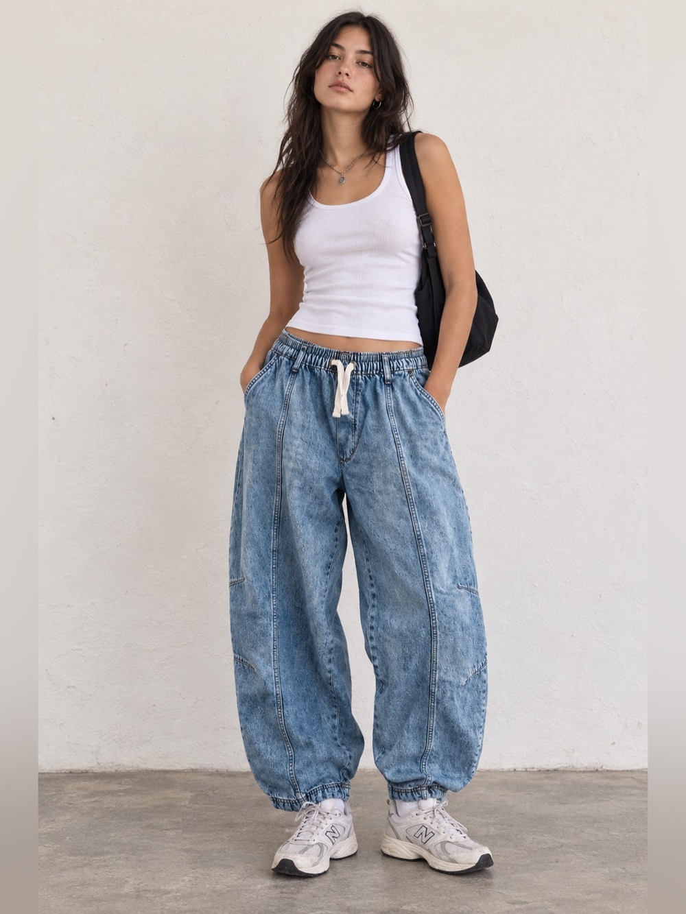 Scoop Mid-Rise Elastic Drawstring Waist Barrel Leg JEANS Baggy Denim Cotton Soft